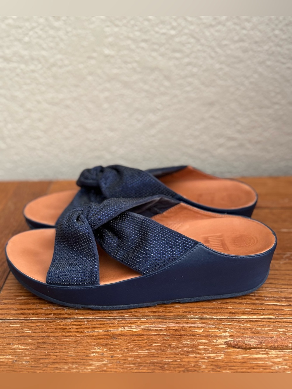 FitFlop Navy Twiss Crystal Slide W Sz. 9 Sparkle Slip On Comfort Wedge Sandal